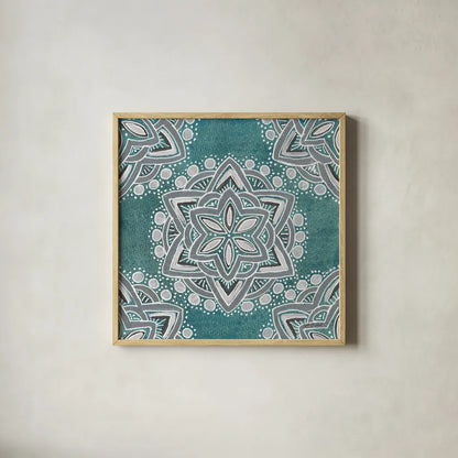 Star Mandala I by Yvette St. Amant. Shown in a natural wood glass frame for a timeless modern aesthetic. Available as an archival giclee rolled canvas, fine art paper, or poster print. SKU 91309a.