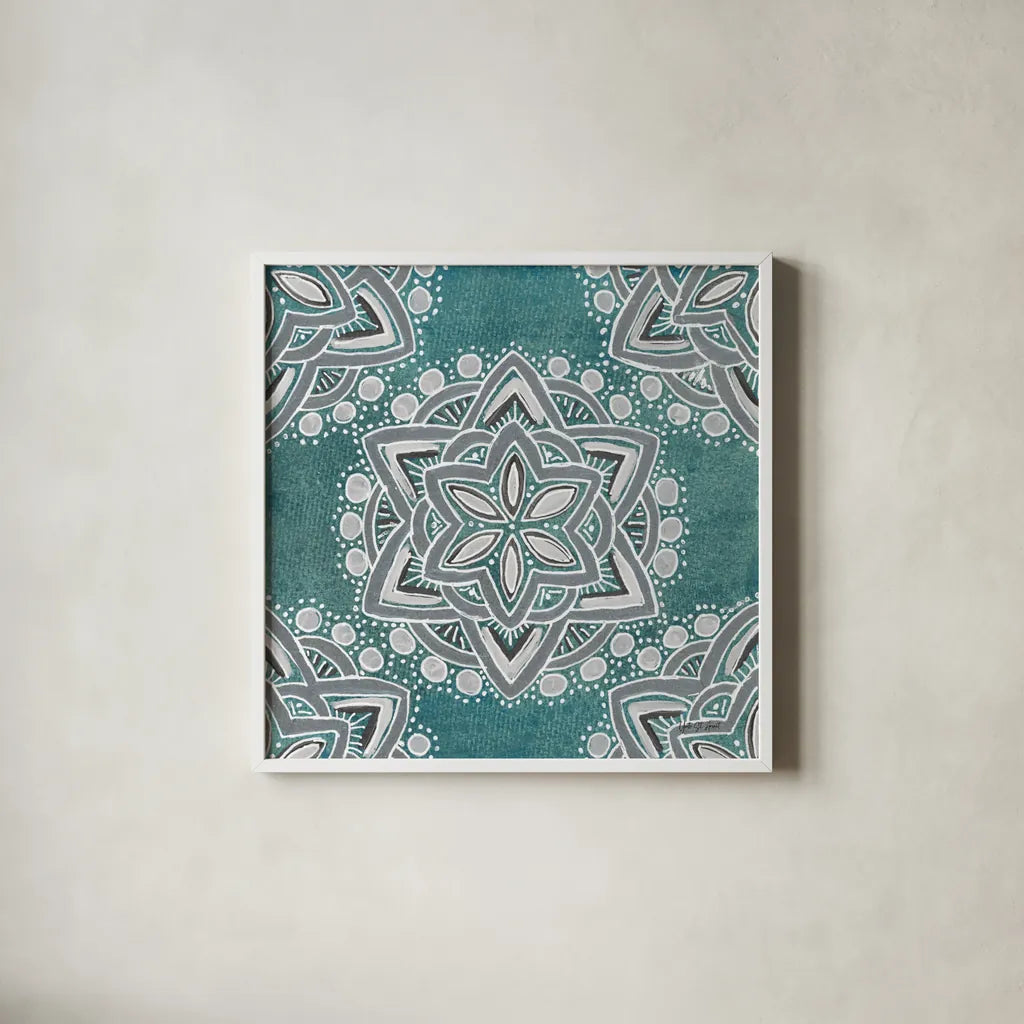 Star Mandala I by Yvette St. Amant. Shown in a crisp white glass frame for a clean and minimalist style. Available as an archival giclee rolled canvas, fine art paper, or poster print. SKU 91309a.
