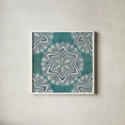 Star Mandala I by Yvette St. Amant. Shown in a crisp white glass frame for a clean and minimalist style. Available as an archival giclee rolled canvas, fine art paper, or poster print. SKU 91309a.