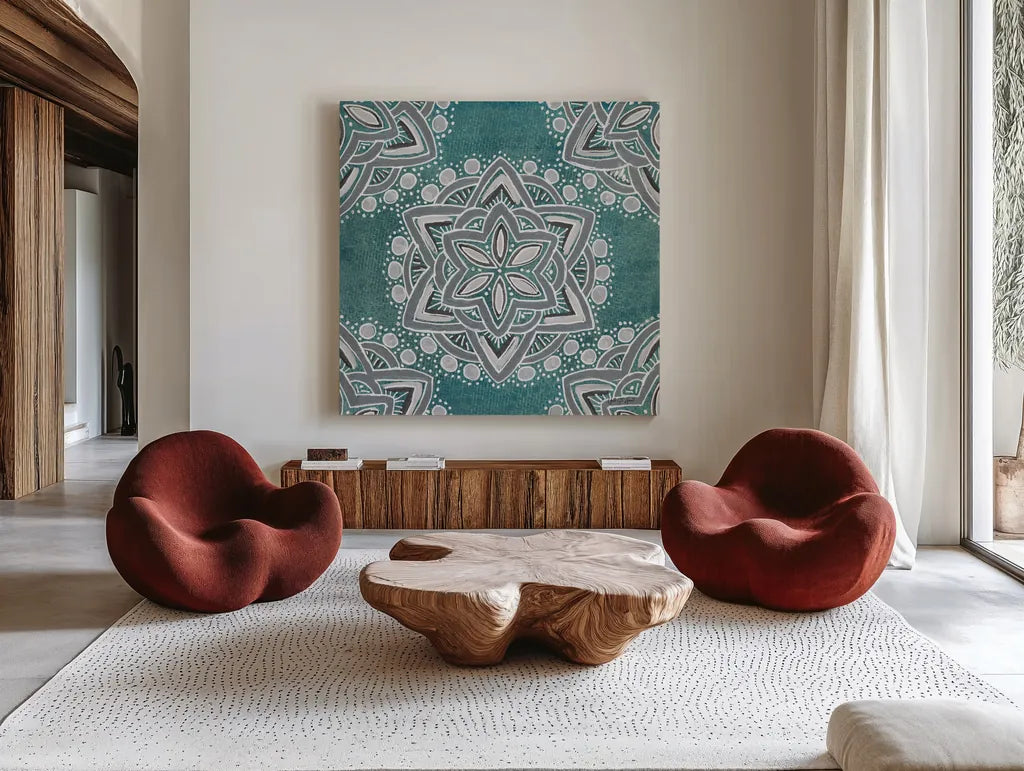 Star Mandala I by Yvette St. Amant. Shown as extra-large giant wall art in a modern living room. Available as an archival giclee rolled canvas, fine art paper, or poster print. SKU 91309a.