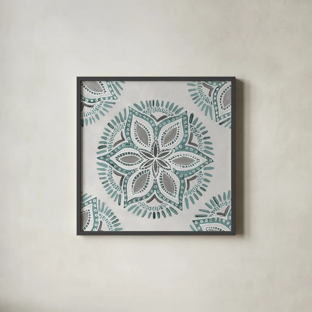 Star Mandala II by Yvette St. Amant. Shown in a sleek black glass frame for a contemporary gallery look. Available as an archival giclee rolled canvas, fine art paper, or poster print. SKU 91310a.