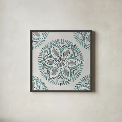Star Mandala II by Yvette St. Amant. Shown in a sleek black glass frame for a contemporary gallery look. Available as an archival giclee rolled canvas, fine art paper, or poster print. SKU 91310a.