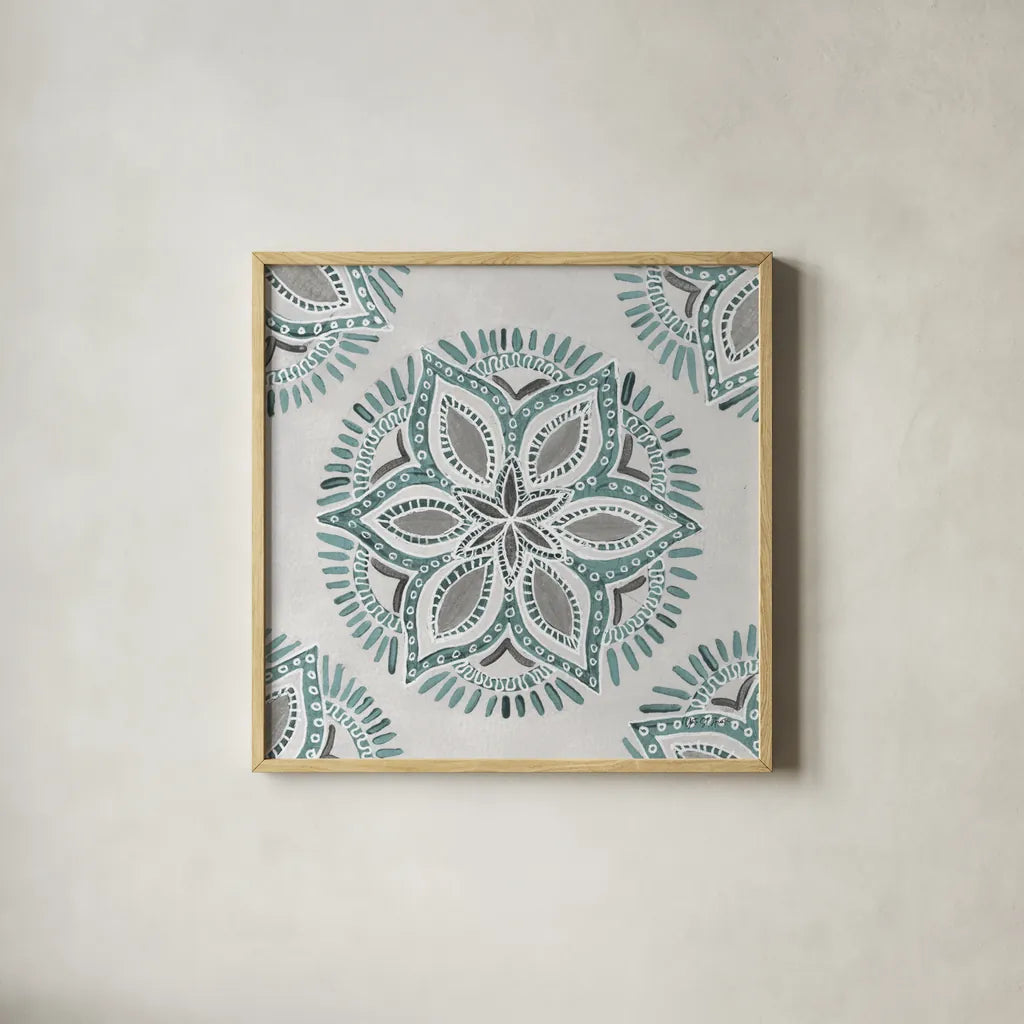 Star Mandala II by Yvette St. Amant. Shown in a natural wood glass frame for a timeless modern aesthetic. Available as an archival giclee rolled canvas, fine art paper, or poster print. SKU 91310a.