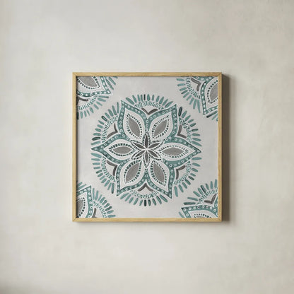 Star Mandala II by Yvette St. Amant. Shown in a natural wood glass frame for a timeless modern aesthetic. Available as an archival giclee rolled canvas, fine art paper, or poster print. SKU 91310a.