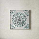 Star Mandala II by Yvette St. Amant. Shown in a crisp white glass frame for a clean and minimalist style. Available as an archival giclee rolled canvas, fine art paper, or poster print. SKU 91310a.