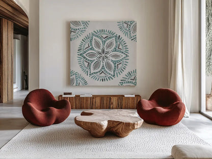 Star Mandala II by Yvette St. Amant. Shown as extra-large giant wall art in a modern living room. Available as an archival giclee rolled canvas, fine art paper, or poster print. SKU 91310a.