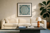 Star Mandala III by Yvette St. Amant. Displayed in a glass frame with matte in a clean modern living room. Available as an archival giclee rolled canvas, fine art paper, or poster print. SKU 91311a.