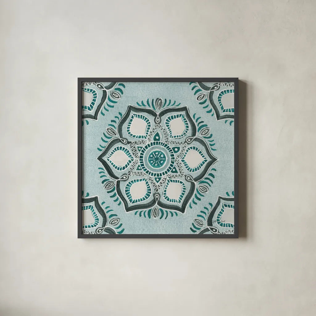 Star Mandala IV by Yvette St. Amant. Shown in a sleek black glass frame for a contemporary gallery look. Available as an archival giclee rolled canvas, fine art paper, or poster print. SKU 91312a.