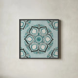 Star Mandala IV by Yvette St. Amant. Shown in a sleek black glass frame for a contemporary gallery look. Available as an archival giclee rolled canvas, fine art paper, or poster print. SKU 91312a.