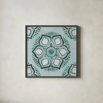 Star Mandala IV by Yvette St. Amant. Shown in a sleek black glass frame for a contemporary gallery look. Available as an archival giclee rolled canvas, fine art paper, or poster print. SKU 91312a.