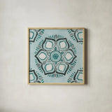 Star Mandala IV by Yvette St. Amant. Shown in a natural wood glass frame for a timeless modern aesthetic. Available as an archival giclee rolled canvas, fine art paper, or poster print. SKU 91312a.