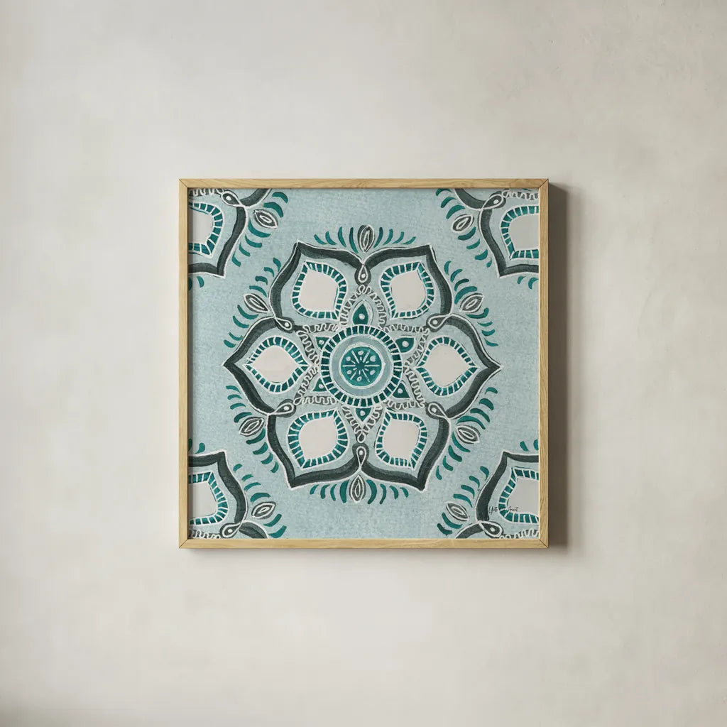 Star Mandala IV by Yvette St. Amant. Shown in a natural wood glass frame for a timeless modern aesthetic. Available as an archival giclee rolled canvas, fine art paper, or poster print. SKU 91312a.