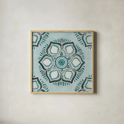 Star Mandala IV by Yvette St. Amant. Shown in a natural wood glass frame for a timeless modern aesthetic. Available as an archival giclee rolled canvas, fine art paper, or poster print. SKU 91312a.
