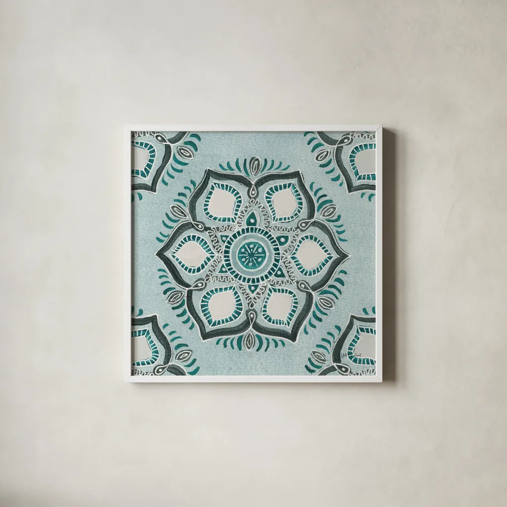 Star Mandala IV by Yvette St. Amant. Shown in a crisp white glass frame for a clean and minimalist style. Available as an archival giclee rolled canvas, fine art paper, or poster print. SKU 91312a.
