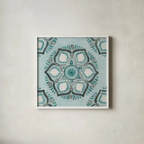 Star Mandala IV by Yvette St. Amant. Shown in a crisp white glass frame for a clean and minimalist style. Available as an archival giclee rolled canvas, fine art paper, or poster print. SKU 91312a.