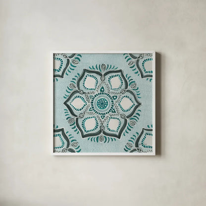 Star Mandala IV by Yvette St. Amant. Shown in a crisp white glass frame for a clean and minimalist style. Available as an archival giclee rolled canvas, fine art paper, or poster print. SKU 91312a.
