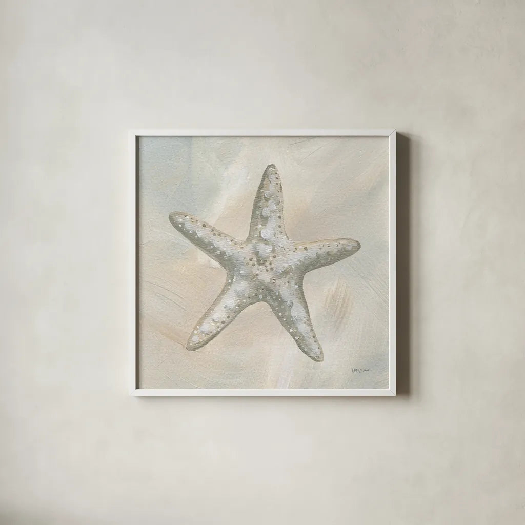 Starfish I by Yvette St. Amant. Shown in a crisp white glass frame for a clean and minimalist style. Available as an archival giclee rolled canvas, fine art paper, or poster print. SKU 88519a.
