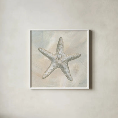 Starfish I by Yvette St. Amant. Shown in a crisp white glass frame for a clean and minimalist style. Available as an archival giclee rolled canvas, fine art paper, or poster print. SKU 88519a.