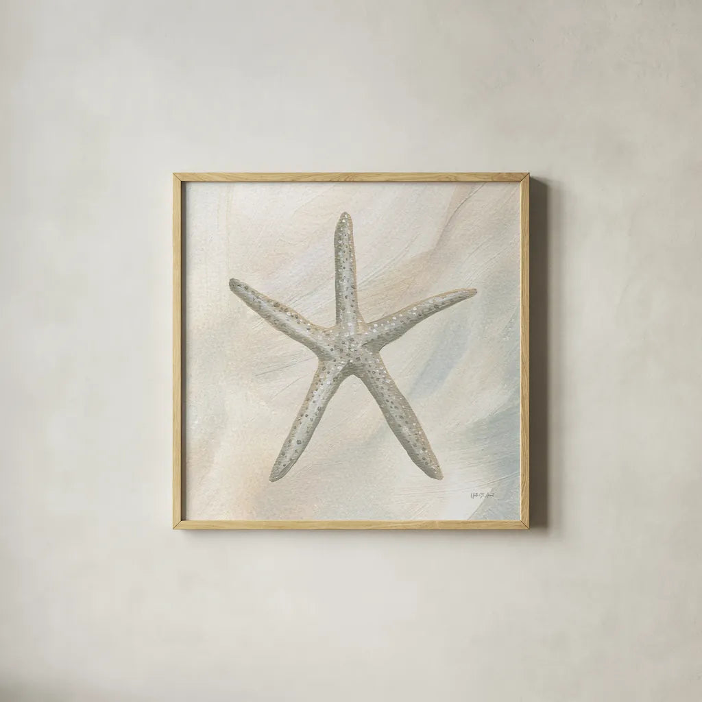 Starfish II by Yvette St. Amant. Shown in a natural wood glass frame for a timeless modern aesthetic. Available as an archival giclee rolled canvas, fine art paper, or poster print. SKU 88520a.