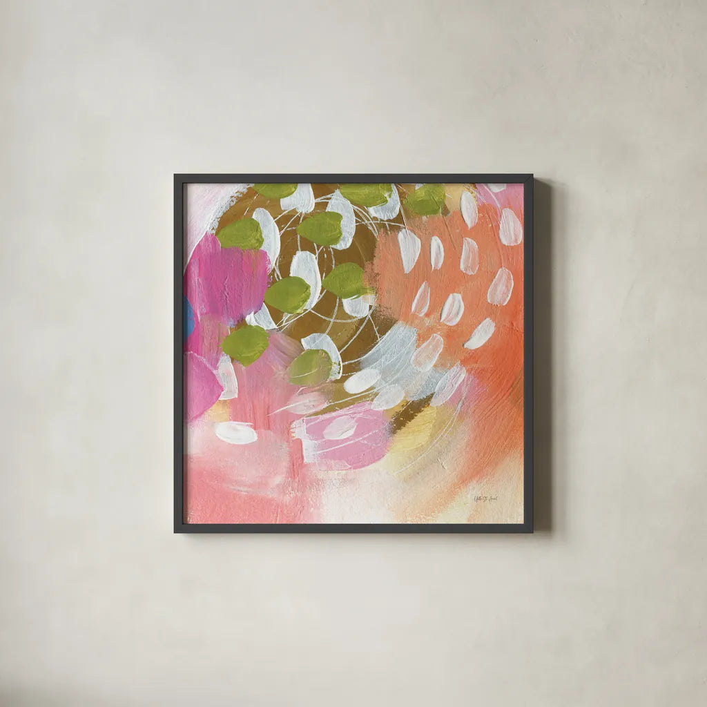 Summer Impressions I by Yvette St. Amant. Shown in a sleek black glass frame for a contemporary gallery look. Available as an archival giclee rolled canvas, fine art paper, or poster print. SKU 92753a.