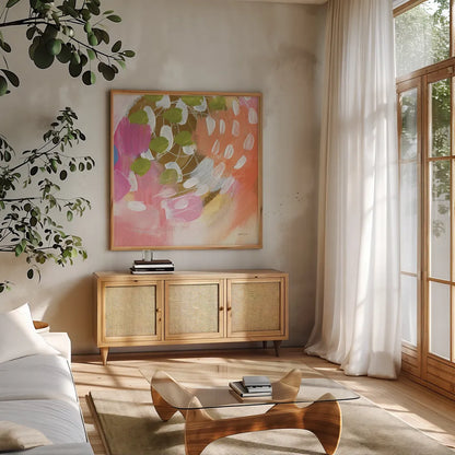 Summer Impressions I by Yvette St. Amant. Shown in a natural wood frame in a cozy modern living room. Available as an archival giclee rolled canvas, fine art paper, or poster print. SKU 92753a.