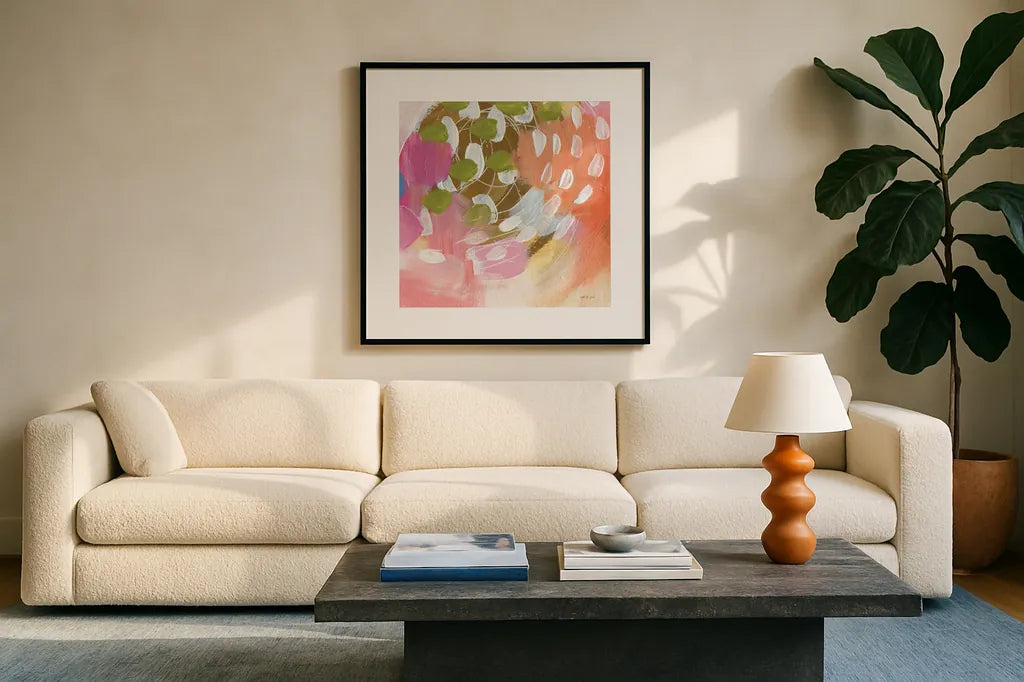 Summer Impressions I by Yvette St. Amant. Displayed in a glass frame with matte in a clean modern living room. Available as an archival giclee rolled canvas, fine art paper, or poster print. SKU 92753a.