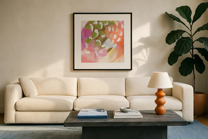 Summer Impressions I by Yvette St. Amant. Displayed in a glass frame with matte in a clean modern living room. Available as an archival giclee rolled canvas, fine art paper, or poster print. SKU 92753a.