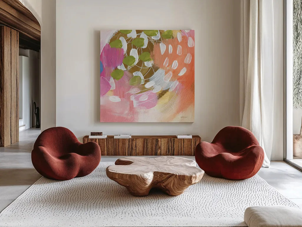 Summer Impressions I by Yvette St. Amant. Shown as extra-large giant wall art in a modern living room. Available as an archival giclee rolled canvas, fine art paper, or poster print. SKU 92753a.