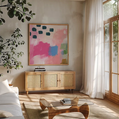 Summer Impressions II by Yvette St. Amant. Shown in a natural wood frame in a cozy modern living room. Available as an archival giclee rolled canvas, fine art paper, or poster print. SKU 92754a.