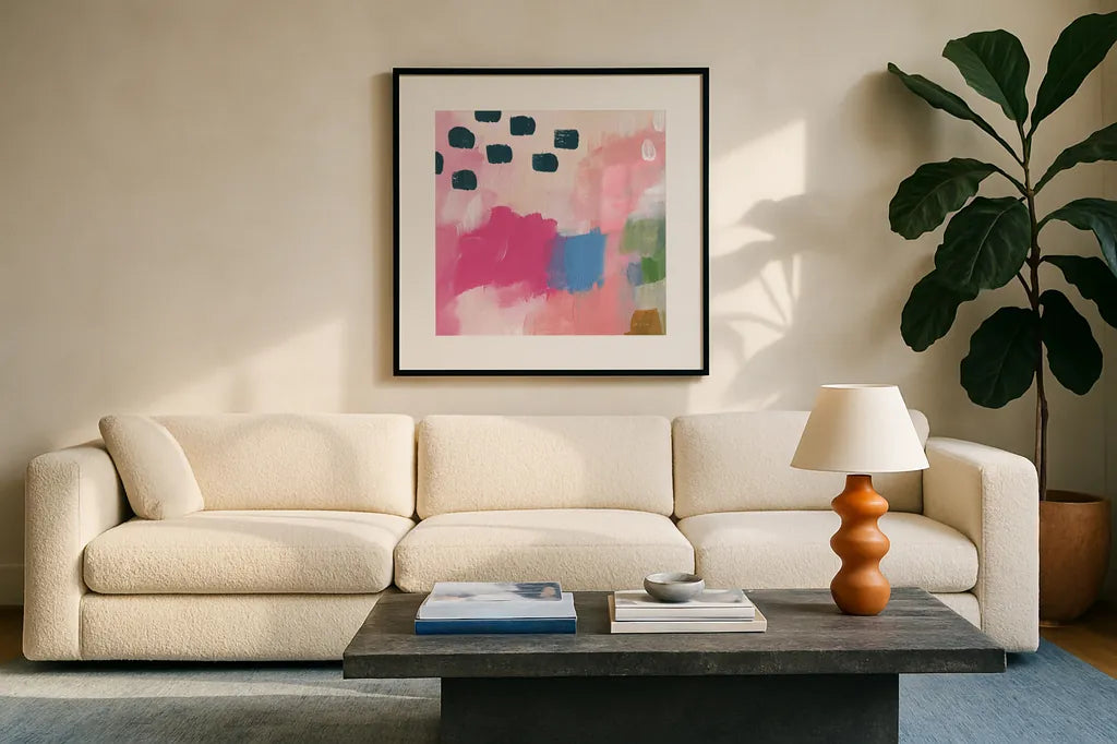 Summer Impressions II by Yvette St. Amant. Displayed in a glass frame with matte in a clean modern living room. Available as an archival giclee rolled canvas, fine art paper, or poster print. SKU 92754a.