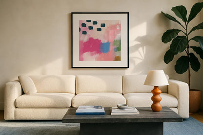 Summer Impressions II by Yvette St. Amant. Displayed in a glass frame with matte in a clean modern living room. Available as an archival giclee rolled canvas, fine art paper, or poster print. SKU 92754a.