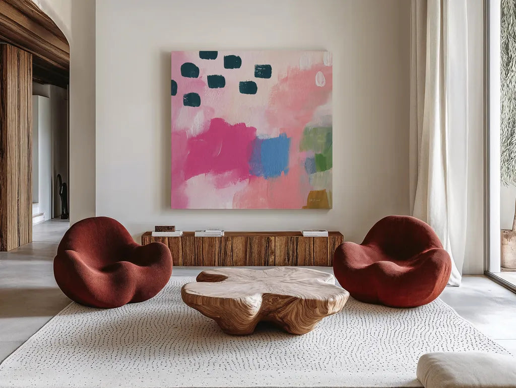 Summer Impressions II by Yvette St. Amant. Shown as extra-large giant wall art in a modern living room. Available as an archival giclee rolled canvas, fine art paper, or poster print. SKU 92754a.