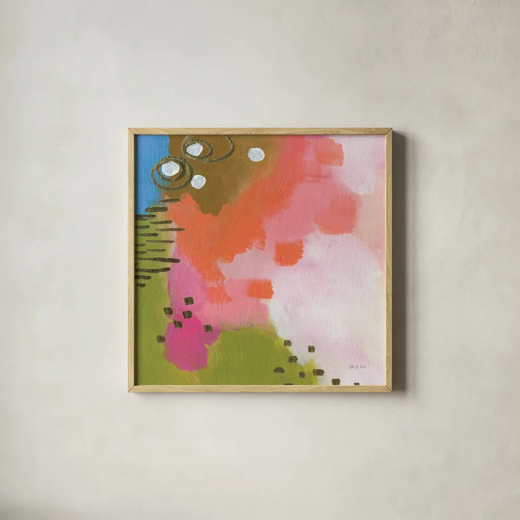 Summer Impressions III by Yvette St. Amant. Shown in a natural wood glass frame for a timeless modern aesthetic. Available as an archival giclee rolled canvas, fine art paper, or poster print. SKU 92755a.