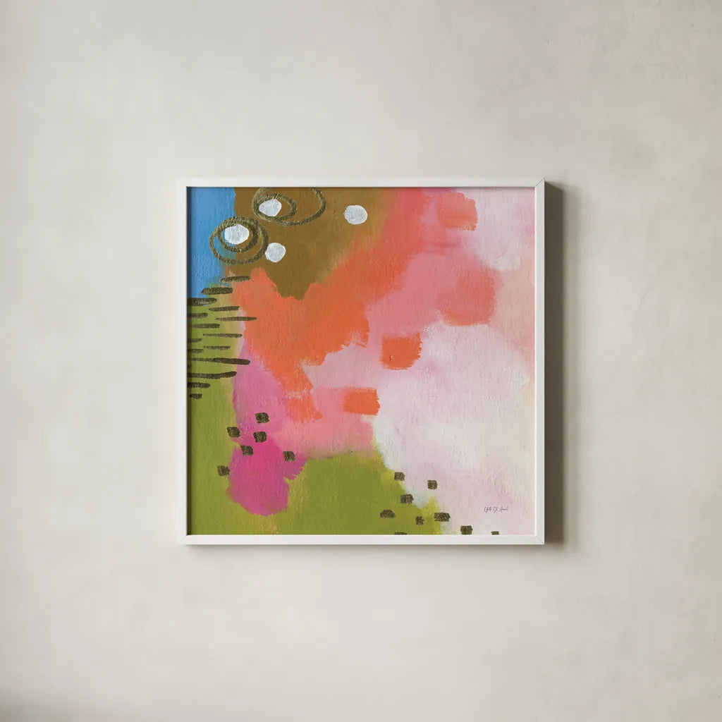 Summer Impressions III by Yvette St. Amant. Shown in a crisp white glass frame for a clean and minimalist style. Available as an archival giclee rolled canvas, fine art paper, or poster print. SKU 92755a.