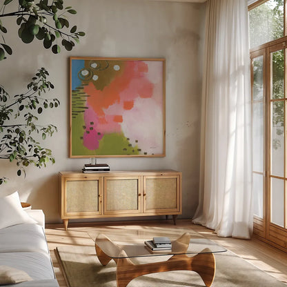 Summer Impressions III by Yvette St. Amant. Shown in a natural wood frame in a cozy modern living room. Available as an archival giclee rolled canvas, fine art paper, or poster print. SKU 92755a.