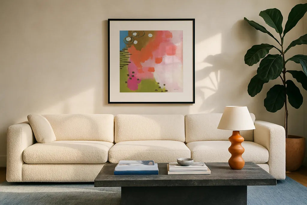 Summer Impressions III by Yvette St. Amant. Displayed in a glass frame with matte in a clean modern living room. Available as an archival giclee rolled canvas, fine art paper, or poster print. SKU 92755a.