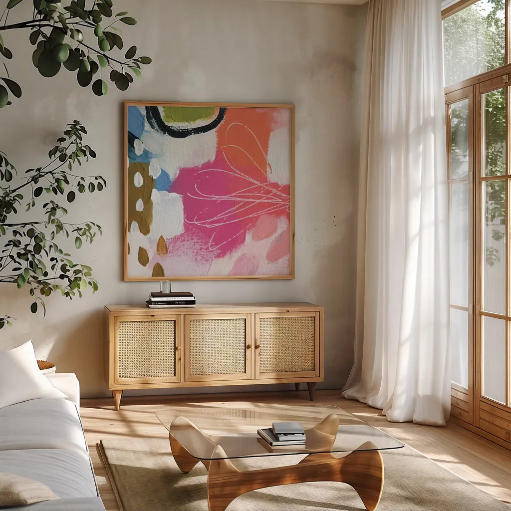 Summer Impressions IV by Yvette St. Amant. Shown in a natural wood frame in a cozy modern living room. Available as an archival giclee rolled canvas, fine art paper, or poster print. SKU 92756a.