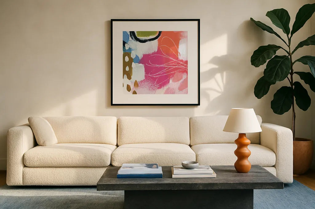 Summer Impressions IV by Yvette St. Amant. Displayed in a glass frame with matte in a clean modern living room. Available as an archival giclee rolled canvas, fine art paper, or poster print. SKU 92756a.