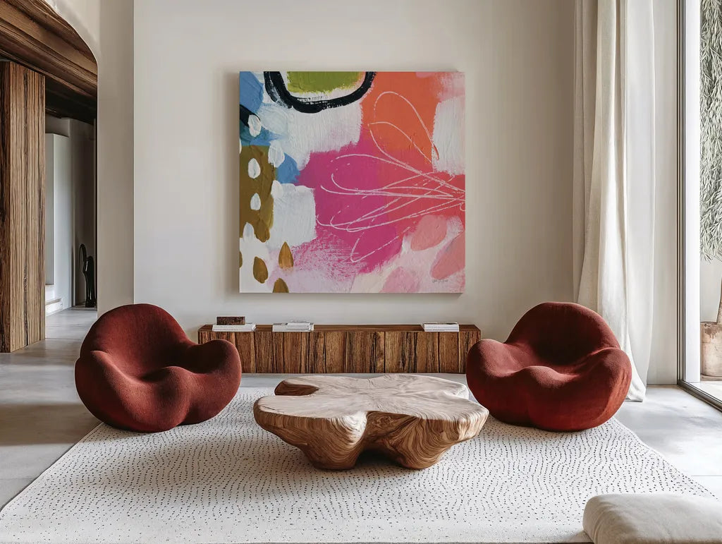 Summer Impressions IV by Yvette St. Amant. Shown as extra-large giant wall art in a modern living room. Available as an archival giclee rolled canvas, fine art paper, or poster print. SKU 92756a.