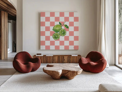 Summer in Checkers II by Yvette St. Amant. Shown as extra-large giant wall art in a modern living room. Available as an archival giclee rolled canvas, fine art paper, or poster print. SKU 96485a.