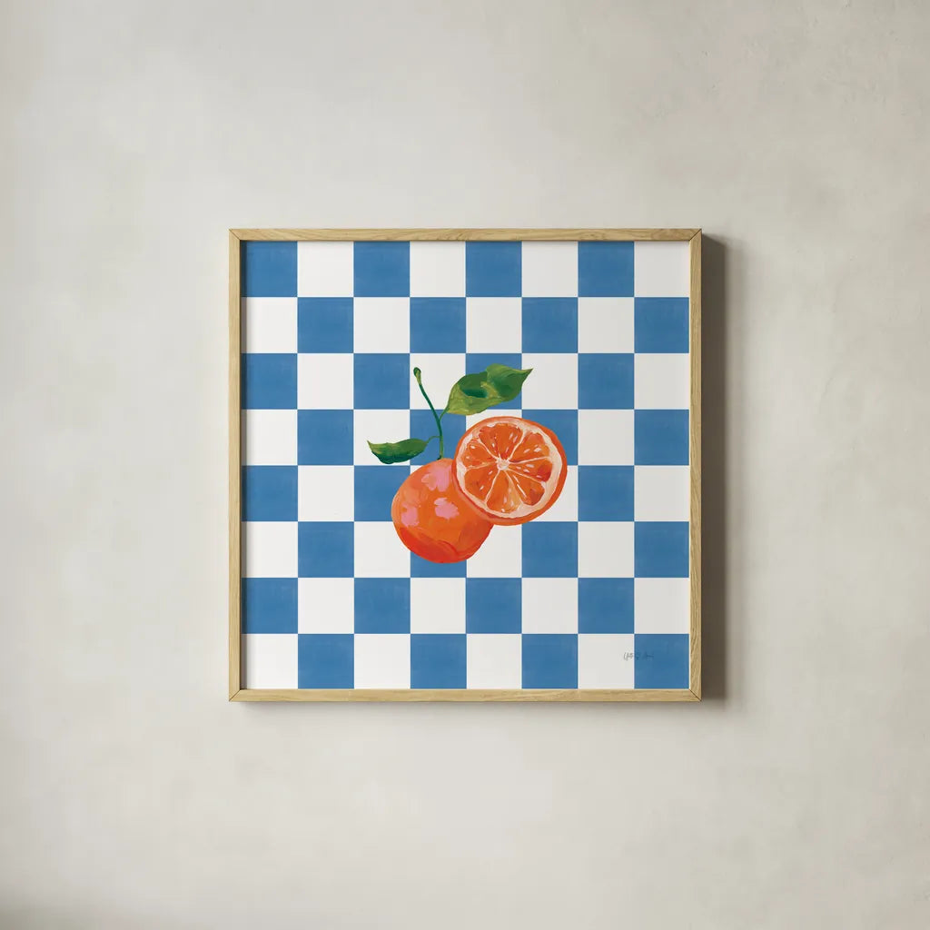 Summer in Checkers III by Yvette St. Amant. Shown in a natural wood glass frame for a timeless modern aesthetic. Available as an archival giclee rolled canvas, fine art paper, or poster print. SKU 96486a.
