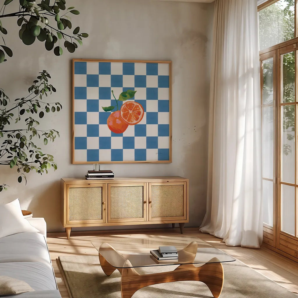 Summer in Checkers III by Yvette St. Amant. Shown in a natural wood frame in a cozy modern living room. Available as an archival giclee rolled canvas, fine art paper, or poster print. SKU 96486a.