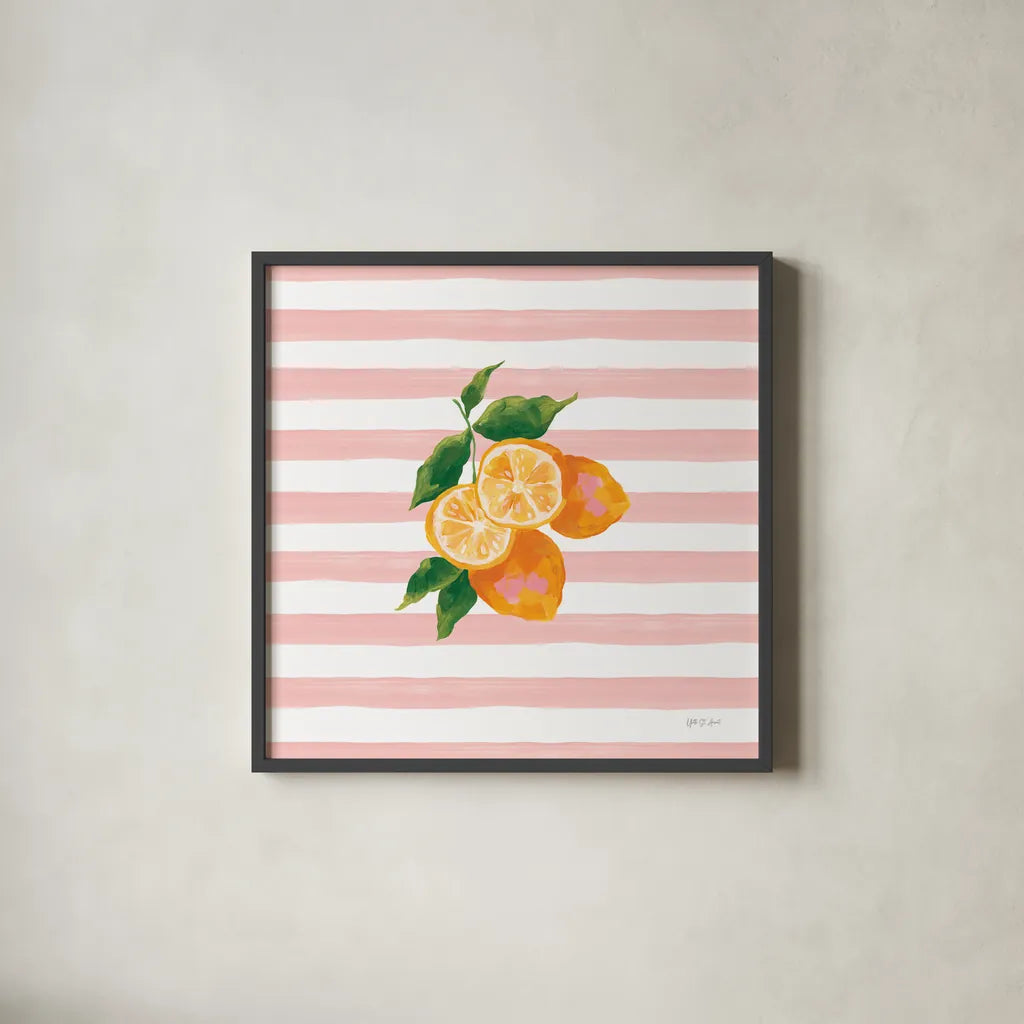 Summer in Stripes I by Yvette St. Amant. Shown in a sleek black glass frame for a contemporary gallery look. Available as an archival giclee rolled canvas, fine art paper, or poster print. SKU 96189a.