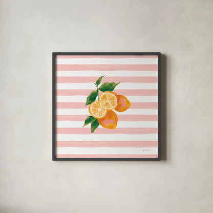 Summer in Stripes I by Yvette St. Amant. Shown in a sleek black glass frame for a contemporary gallery look. Available as an archival giclee rolled canvas, fine art paper, or poster print. SKU 96189a.