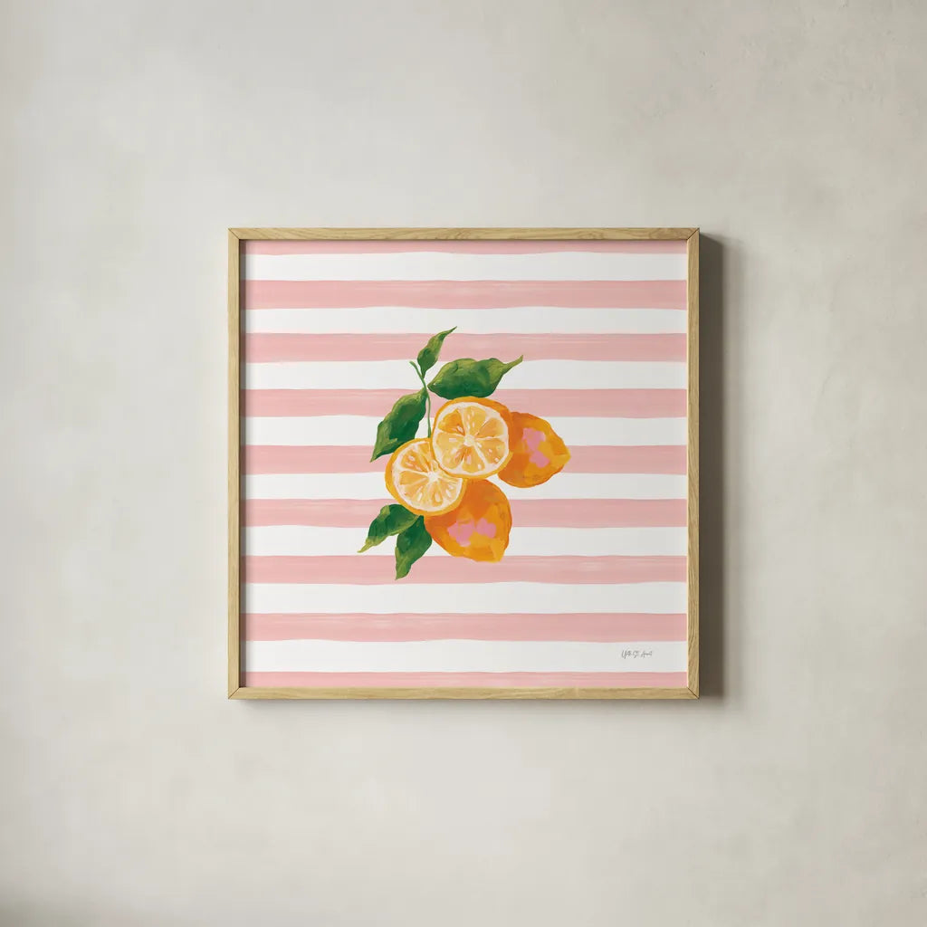 Summer in Stripes I by Yvette St. Amant. Shown in a natural wood glass frame for a timeless modern aesthetic. Available as an archival giclee rolled canvas, fine art paper, or poster print. SKU 96189a.