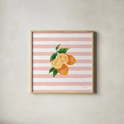 Summer in Stripes I by Yvette St. Amant. Shown in a natural wood glass frame for a timeless modern aesthetic. Available as an archival giclee rolled canvas, fine art paper, or poster print. SKU 96189a.