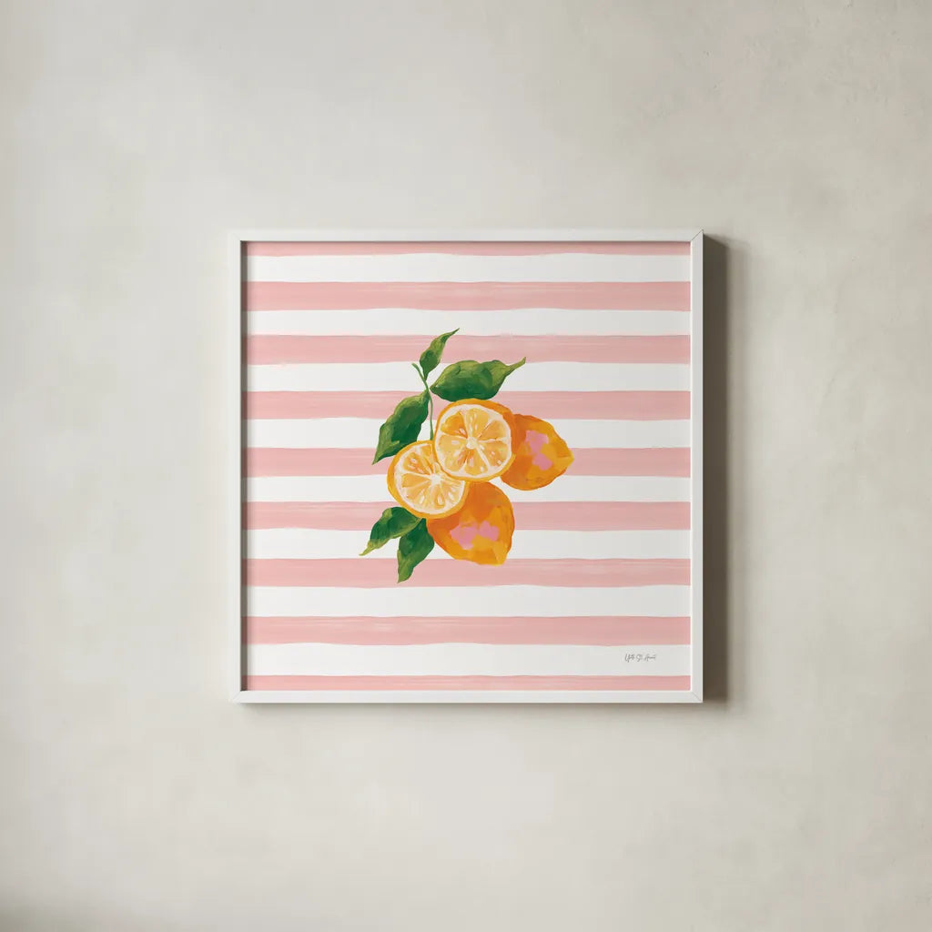 Summer in Stripes I by Yvette St. Amant. Shown in a crisp white glass frame for a clean and minimalist style. Available as an archival giclee rolled canvas, fine art paper, or poster print. SKU 96189a.