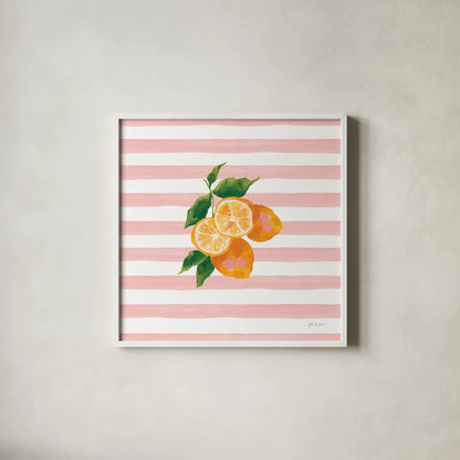 Summer in Stripes I by Yvette St. Amant. Shown in a crisp white glass frame for a clean and minimalist style. Available as an archival giclee rolled canvas, fine art paper, or poster print. SKU 96189a.