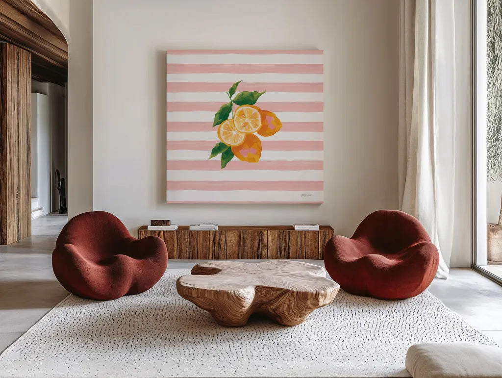 Summer in Stripes I by Yvette St. Amant. Shown as extra-large giant wall art in a modern living room. Available as an archival giclee rolled canvas, fine art paper, or poster print. SKU 96189a.