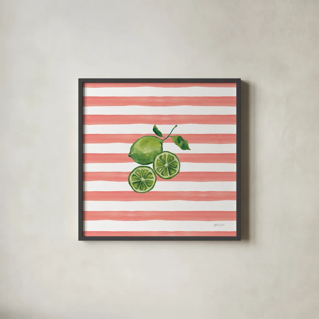 Summer in Stripes II by Yvette St. Amant. Shown in a sleek black glass frame for a contemporary gallery look. Available as an archival giclee rolled canvas, fine art paper, or poster print. SKU 96190a.